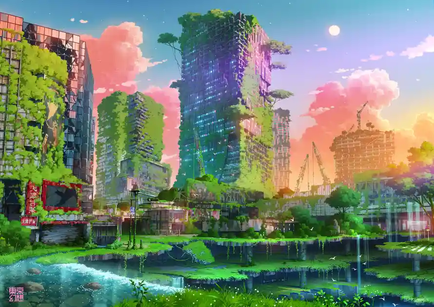 2k东京幻想壁纸-长满草的城市与-热门的壁纸「哲风壁纸」