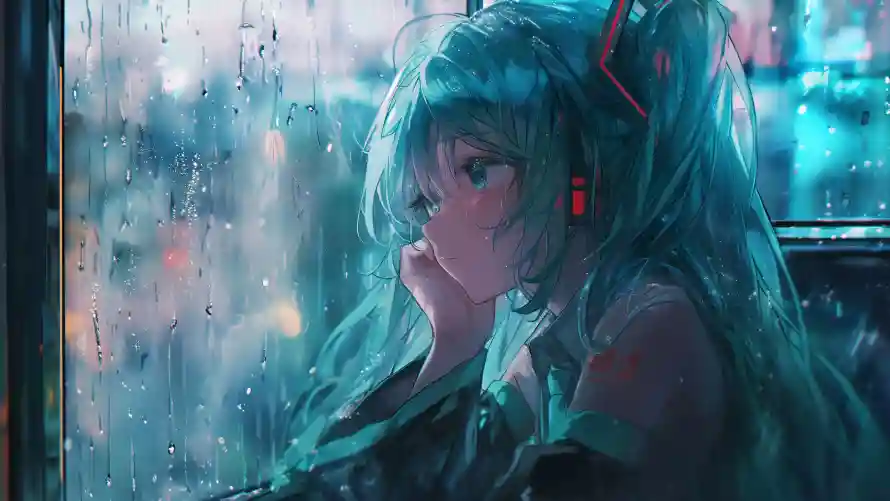 4k初音未来壁纸-室外雨天和窗前发呆-热门的壁纸「哲风壁纸」