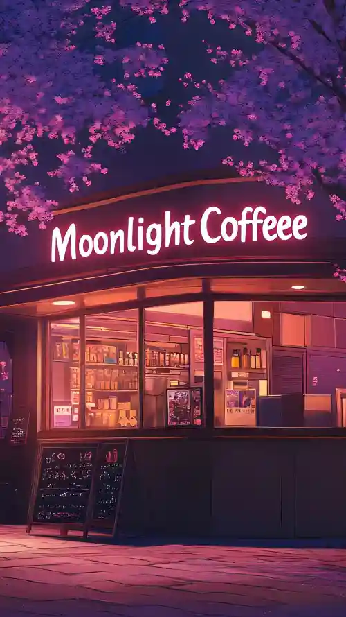 4k咖啡壁纸 - 樱花 - 店铺夜景 - 月光咖啡「哲风壁纸」