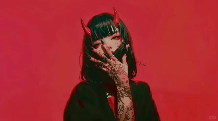 4k插画壁纸-红背景壁纸和纹身-恶魔少女免费下载「哲风壁纸」