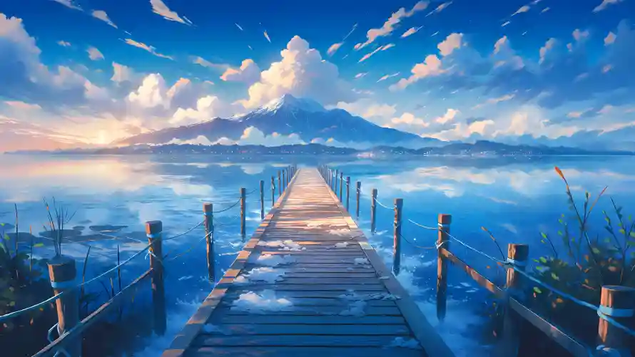 4k风景壁纸-蓝风景与栈桥风景-梦幻湖景「哲风壁纸」