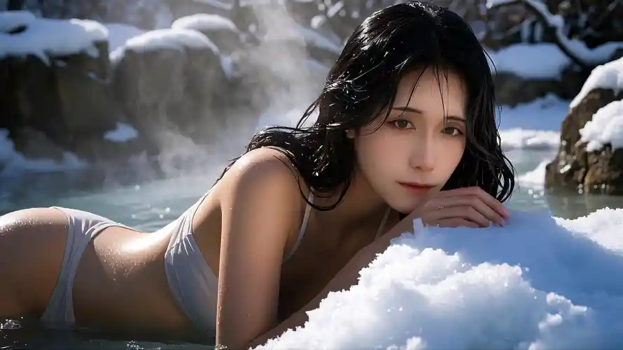 3k温泉壁纸-冬日温泉与美女-冰雪温泉热门的壁纸「哲风壁纸」