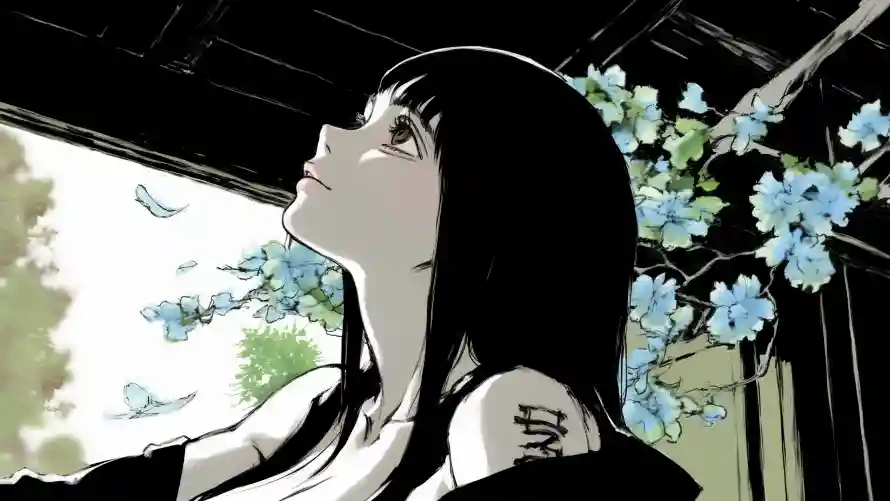 3k动漫壁纸-仰头少女和蓝花-壁纸推荐「哲风壁纸」