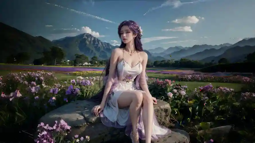 4k背景壁纸-户外场景与花海-紫发美女壁纸推荐「哲风壁纸」