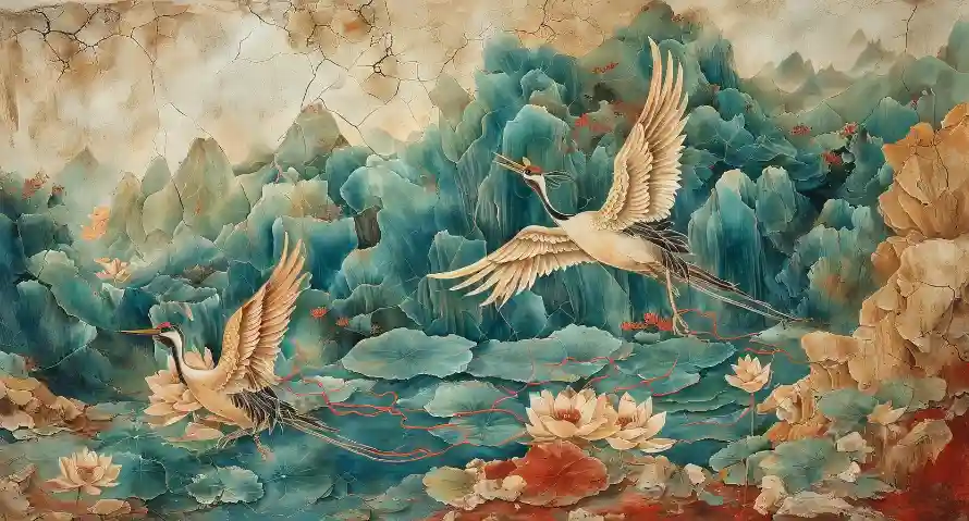 2k仙鹤壁纸-年代画和荷花-免费下载「哲风壁纸」
