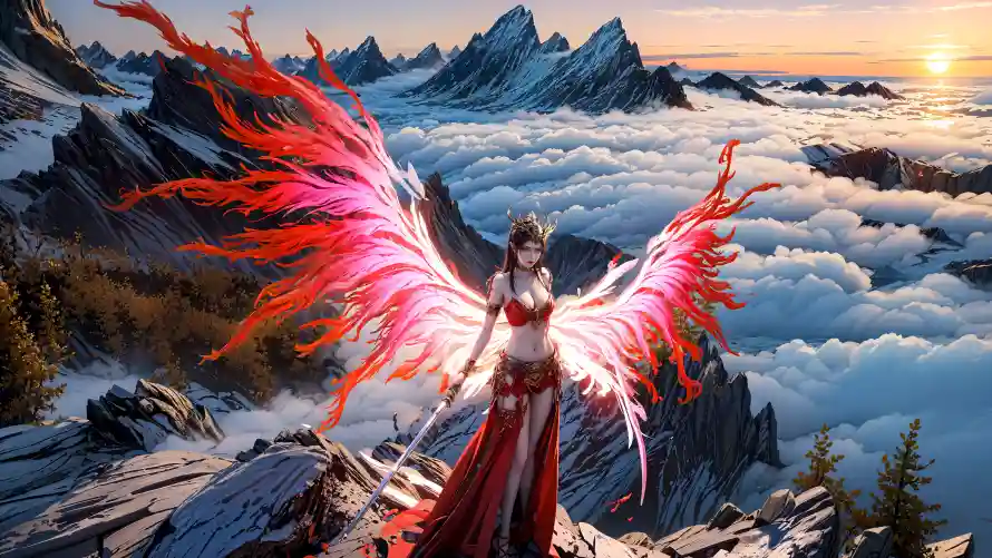 4k美杜莎壁纸-云海山峰和动漫角色-奇幻场景「哲风壁纸」