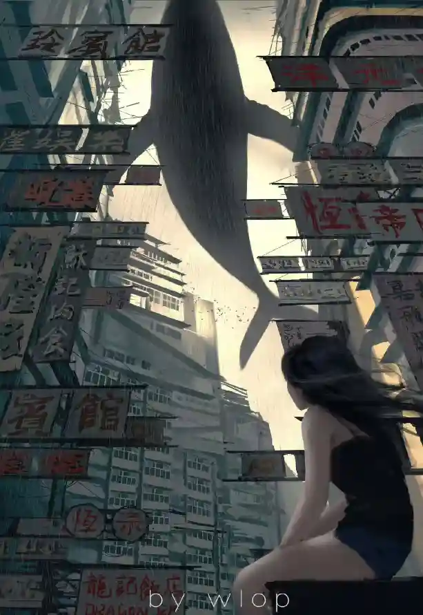 4k城市壁纸 - 少女 - 插画 - 鲸鱼「哲风壁纸」