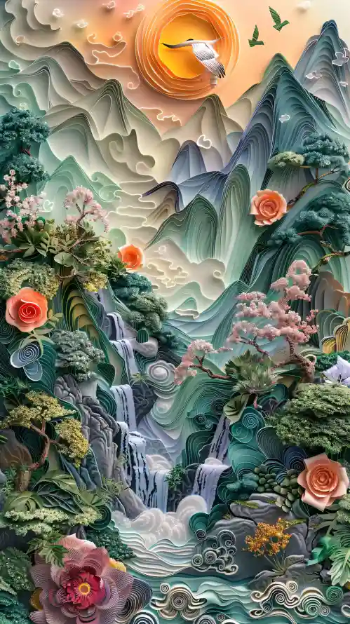 4k中式风景壁纸 - 山水背景 - 意境画面 - 纸雕剪纸「哲风壁纸」