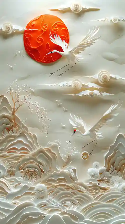4k白鹤壁纸 - 红日 - 传统元素 - 山水背景「哲风壁纸」