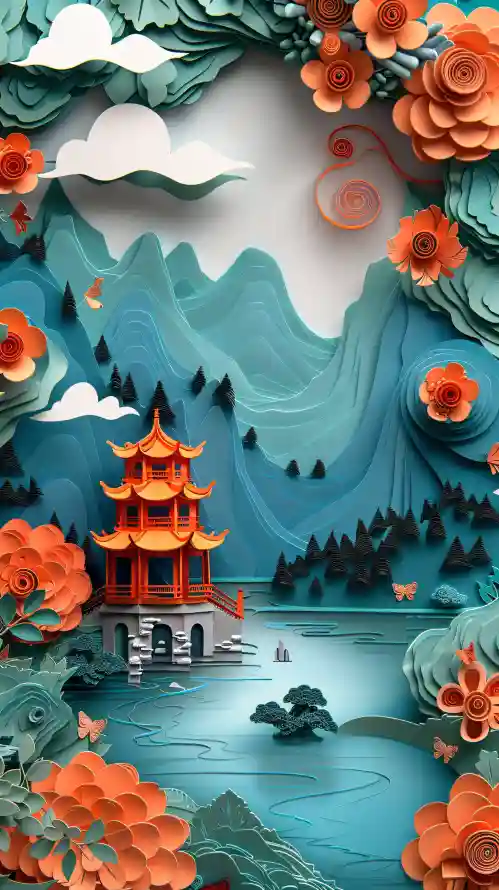 4k中式元素壁纸 - 古风建筑 - 山水景观 - 纸雕剪纸「哲风壁纸」