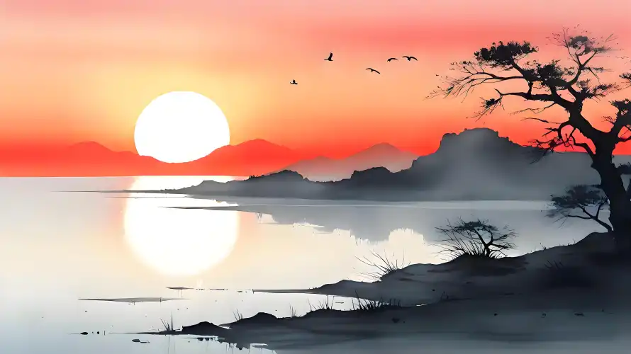 5k墨画壁纸-夕阳景色壁纸和山水墨画-江边夕阳「哲风壁纸」