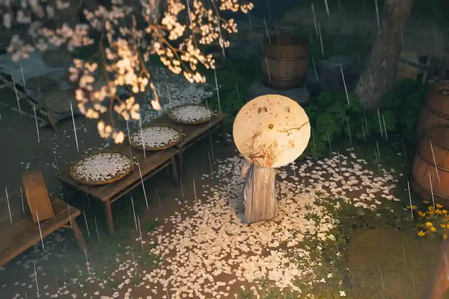 3k木桌壁纸-古风游戏与木桶-雨中场景免费下载「哲风壁纸」