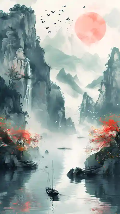 4k中式意境壁纸 - 山水红日 - 山水风景 - 手机壁纸「哲风壁纸」