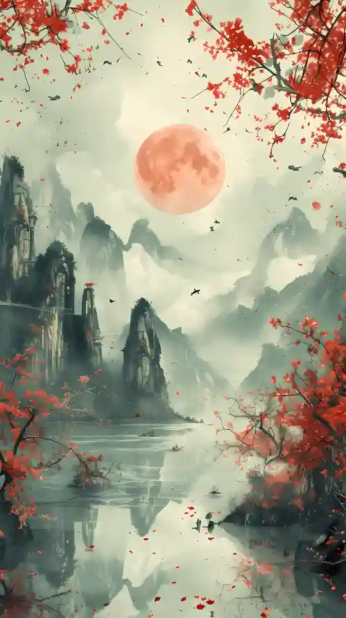 4k山水壁纸 - 月夜 - 红叶 - 中式意境「哲风壁纸」