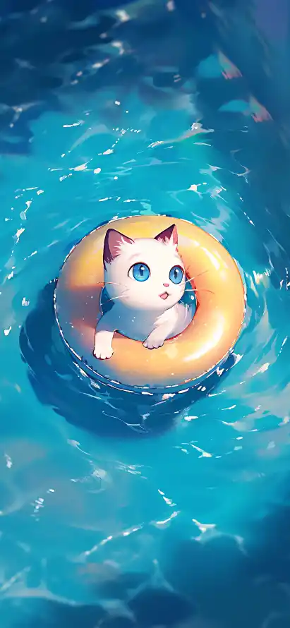 4k萌猫壁纸 - 卡通猫咪 - 可爱猫咪 - 泳池场景「哲风壁纸」
