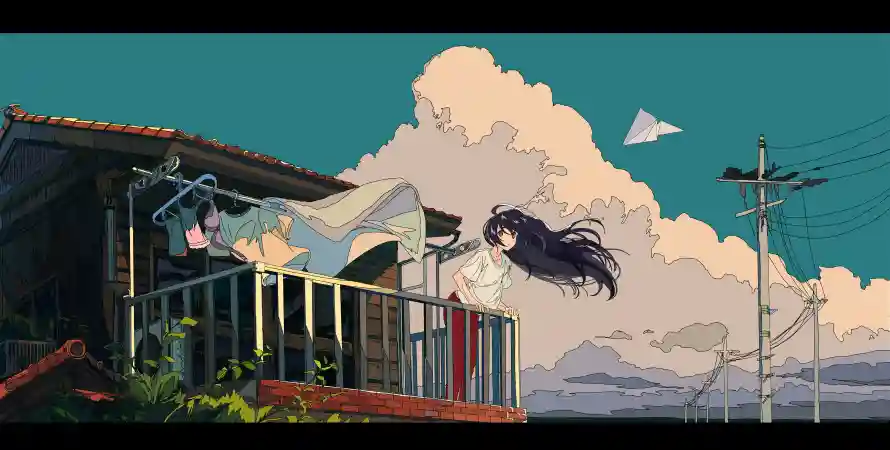 5kwu壁纸-纸飞机与动漫少女-天空背景「哲风壁纸」