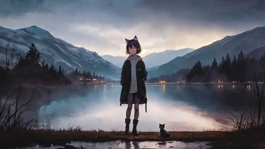 4k动漫壁纸-二次元与动漫插画-少女与猫「哲风壁纸」