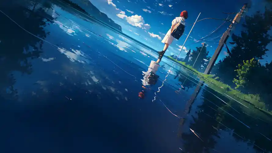 4k动漫壁纸-二次元和天空背景-水面倒影「哲风壁纸」