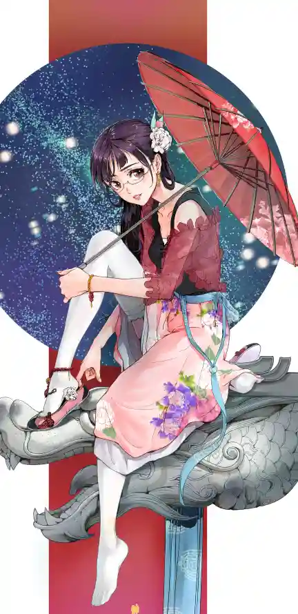 4k古装壁纸 - 女子 - 星空伞 - 云端坐姿「哲风壁纸」
