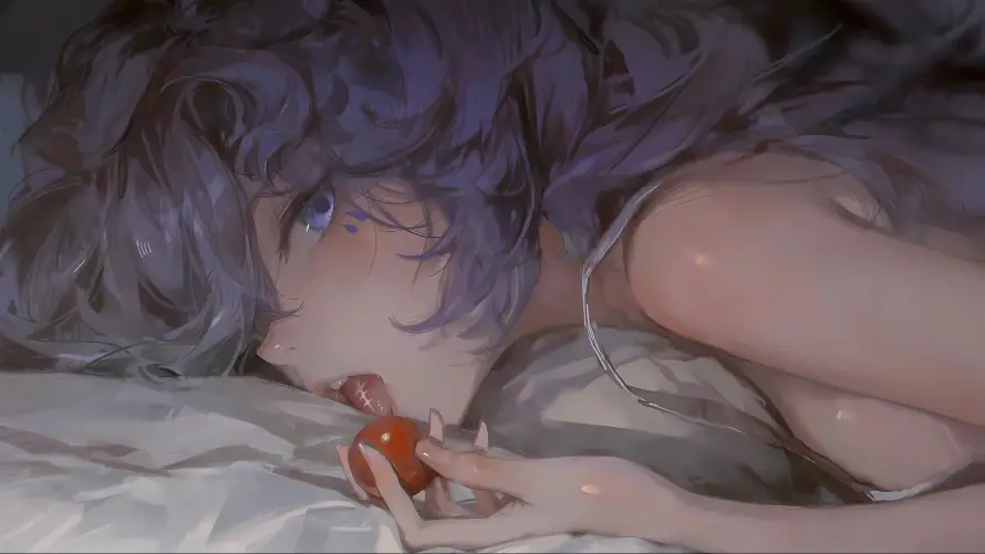 3k紫色壁纸-紫色长发美女 - 美女-卧室侧卧场景「哲风壁纸」