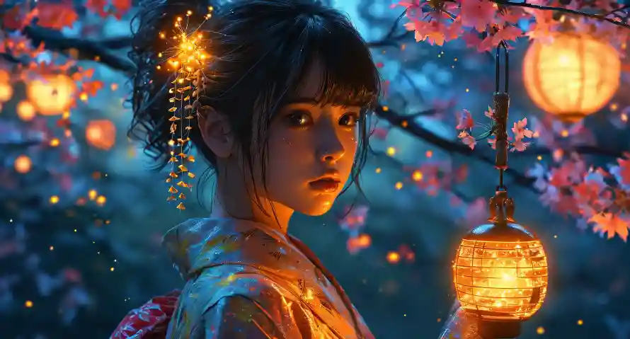 2k唯美壁纸-和服少女 - 女孩-夜景背景壁纸分享「哲风壁纸」