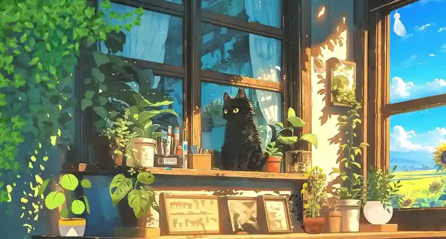 2k室内壁纸-黑猫 - 绿植-壁纸分享「哲风壁纸」