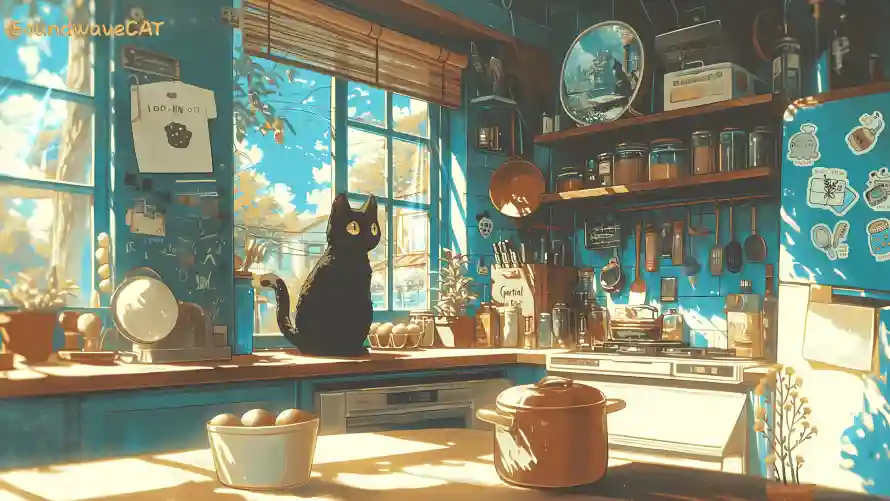 4k厨房壁纸-家居插画壁纸和黑猫-插画风格热门的壁纸「哲风壁纸」