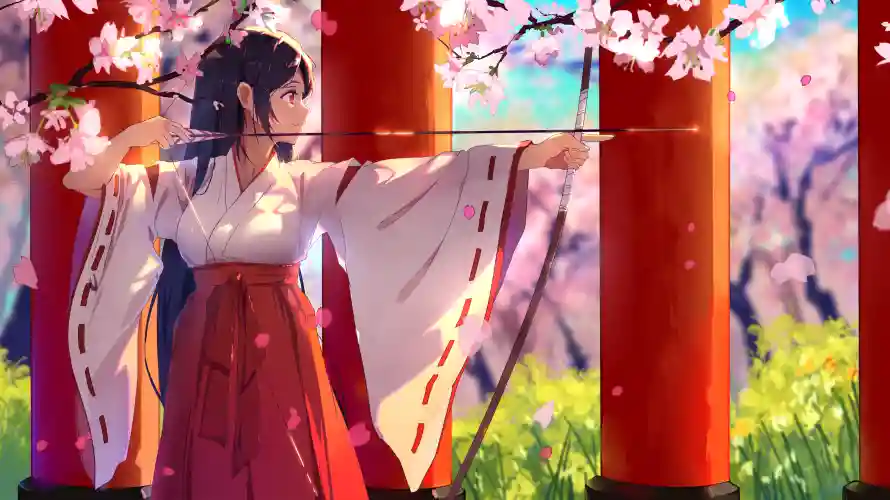 3k女孩壁纸-二次元 - 和服少女-弓箭少女「哲风壁纸」