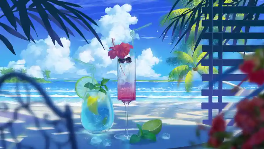 2k夏季壁纸-棕榈叶与清爽-冷饮插画壁纸分享「哲风壁纸」
