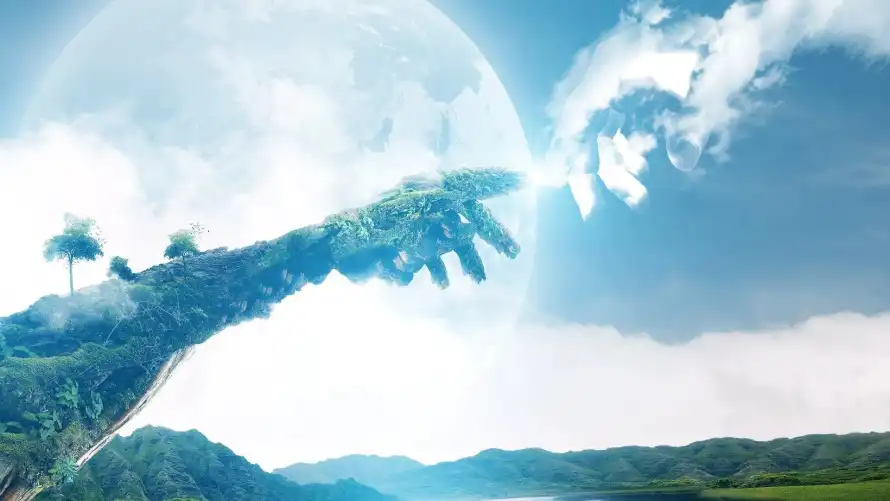 2k场景壁纸-空中树木平台 - 奇幻-天空连接岩台「哲风壁纸」