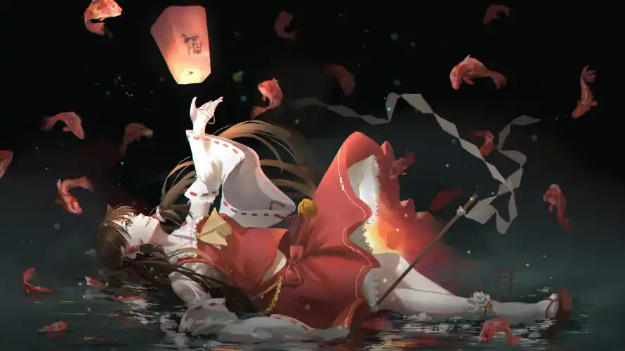 4k东方壁纸-二次元和博丽灵梦-夜影灯笼「哲风壁纸」