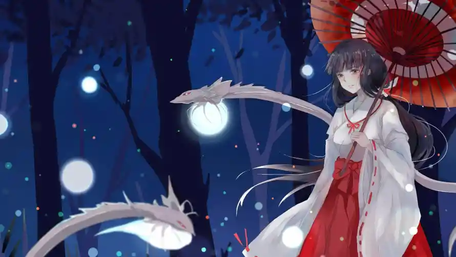 2k桔梗壁纸-巫女服与红伞-动漫角色免费下载「哲风壁纸」