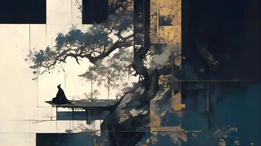 8k水墨画壁纸-孤寂氛围与建筑背景-悬崖场景「哲风壁纸」
