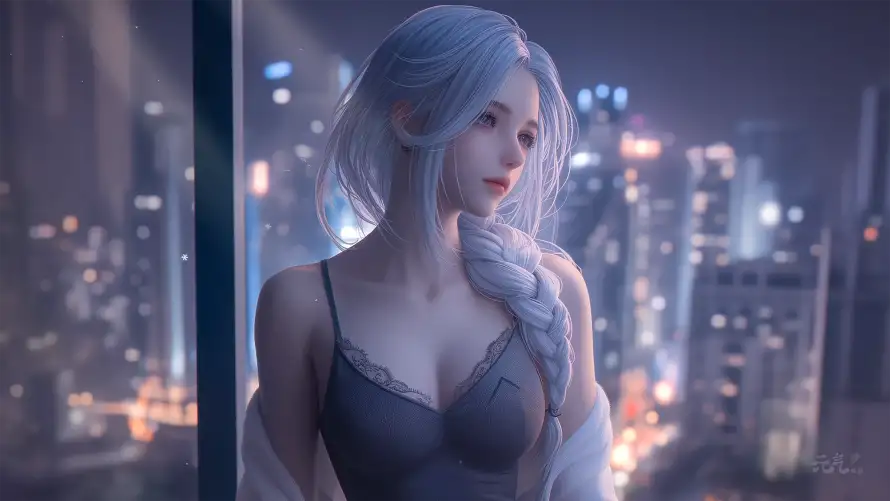 4k纯欲壁纸-纯欲风 - 夜景人像-白发女孩「哲风壁纸」