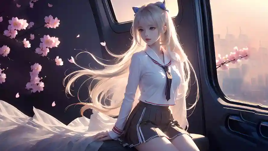 4k少女壁纸-学生制服壁纸和樱花场景-猫耳少女「哲风壁纸」