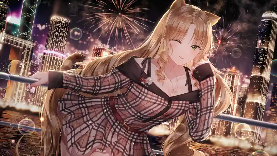 4k女孩壁纸-二次元和烟花背景-猫耳少女「哲风壁纸」
