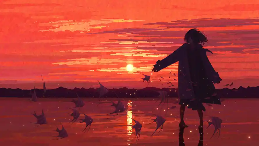 4k夕阳壁纸-夕阳少女与少女-少女插画热门的壁纸「哲风壁纸」