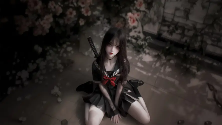 4k哥特风壁纸-暗黑系和少女剑客-蔷薇背景「哲风壁纸」