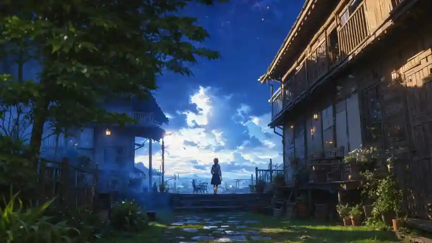 4kAI壁纸-AI生成 - 乡村小径-木屋夜景「哲风壁纸」