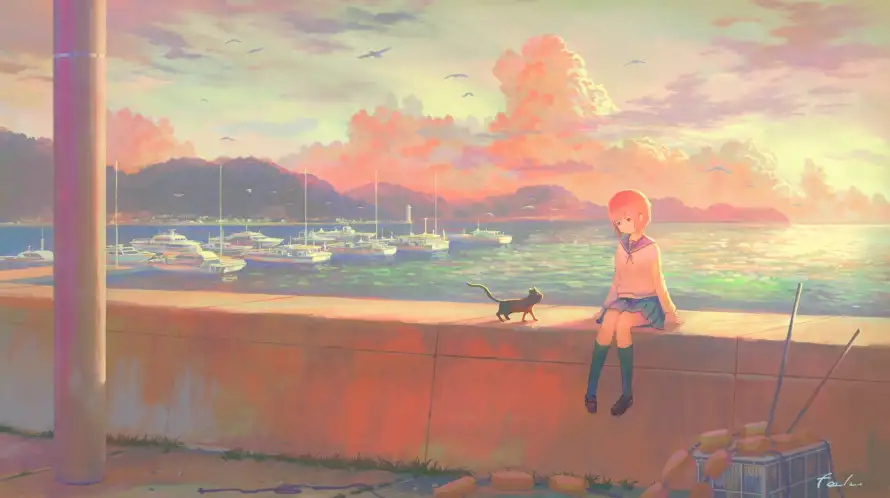 2k女孩壁纸-二次元与少女与猫-日系插画「哲风壁纸」