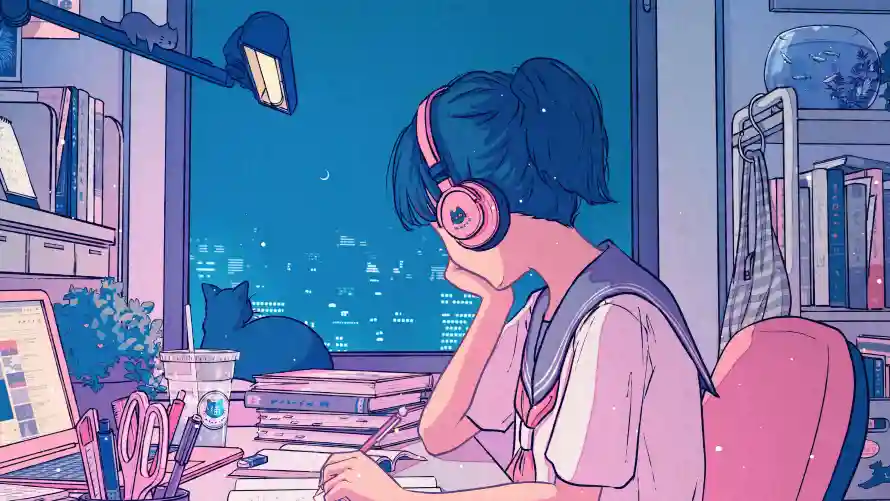 4k女孩壁纸-二次元壁纸和书桌场景-夜晚氛围「哲风壁纸」
