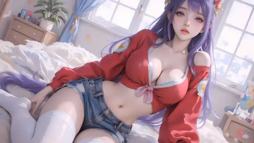 2k蓝发壁纸-腰臀比 - 动漫美女-卧室场景「哲风壁纸」