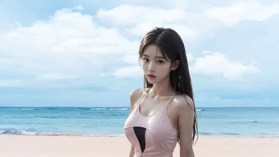 2k清纯壁纸-夏日海边和泳衣少女-海滩背景「哲风壁纸」
