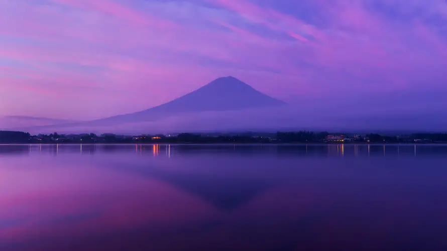 5k湖泊壁纸-富士山和山水倒影-紫色霞光「哲风壁纸」