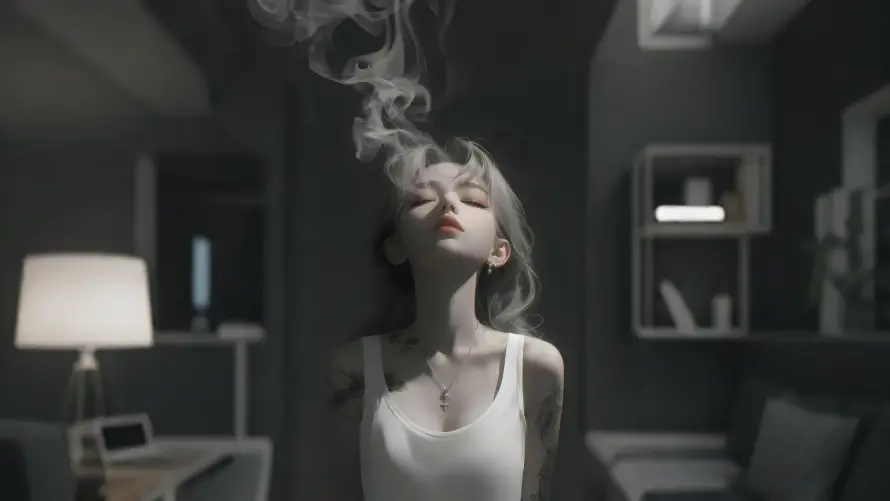 4k烟雾壁纸-吸烟有害与室内背景-插画美女「哲风壁纸」