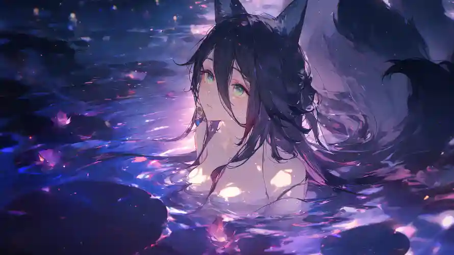 4k泳池壁纸-夜间泳池 - 少女插画-梦幻场景「哲风壁纸」