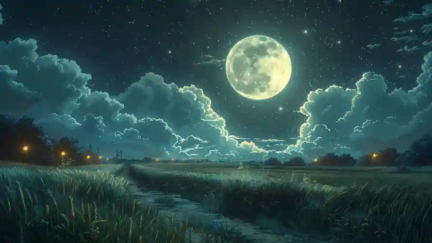 4k月亮壁纸-乡间小路与云朵月亮-夜晚背景「哲风壁纸」