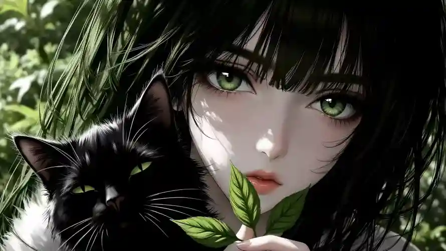 2k绿瞳壁纸-少女与猫壁纸和黑猫-少女和猫热门的壁纸「哲风壁纸」