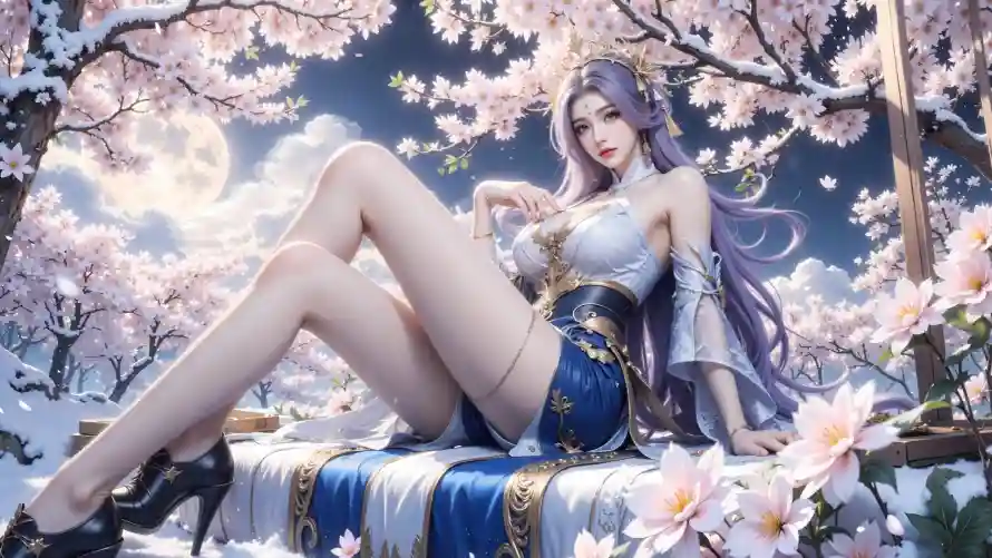 2k美女壁纸-大长腿与月夜场景-月夜壁纸「哲风壁纸」