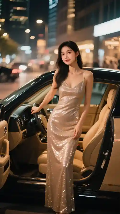4k美女壁纸 - 车模 - 亮片礼服 - 夜晚街拍「哲风壁纸」